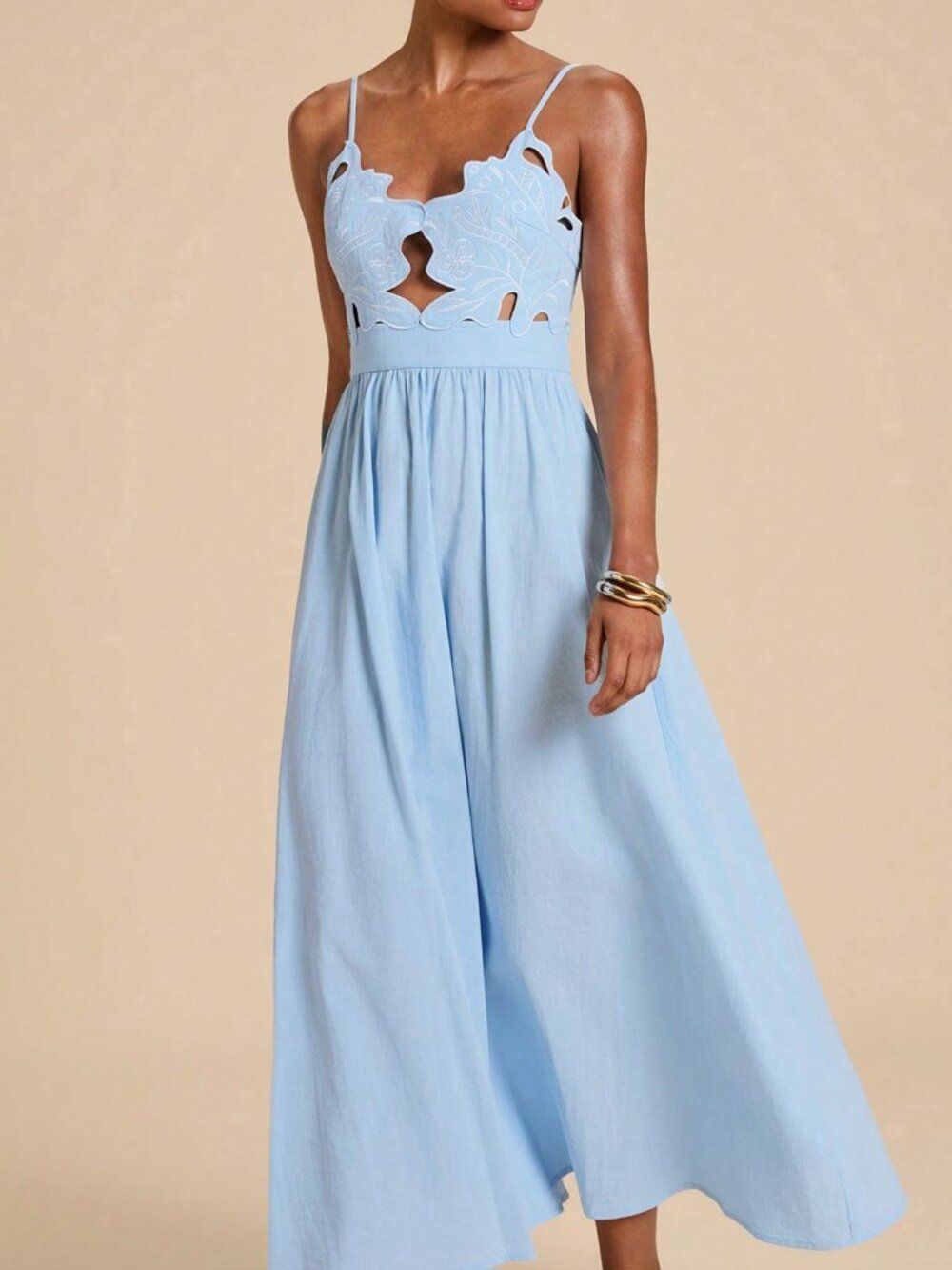 Baby Blue Casual Women's Embroidered Tie-Back Spaghetti Strap Long Dress - Picture 3 of 5